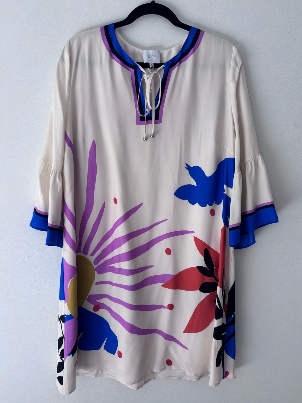 NWT Jade by Johnny Was Lorianne cream white blue silk graphic mini dress large - Picture 8 of 15